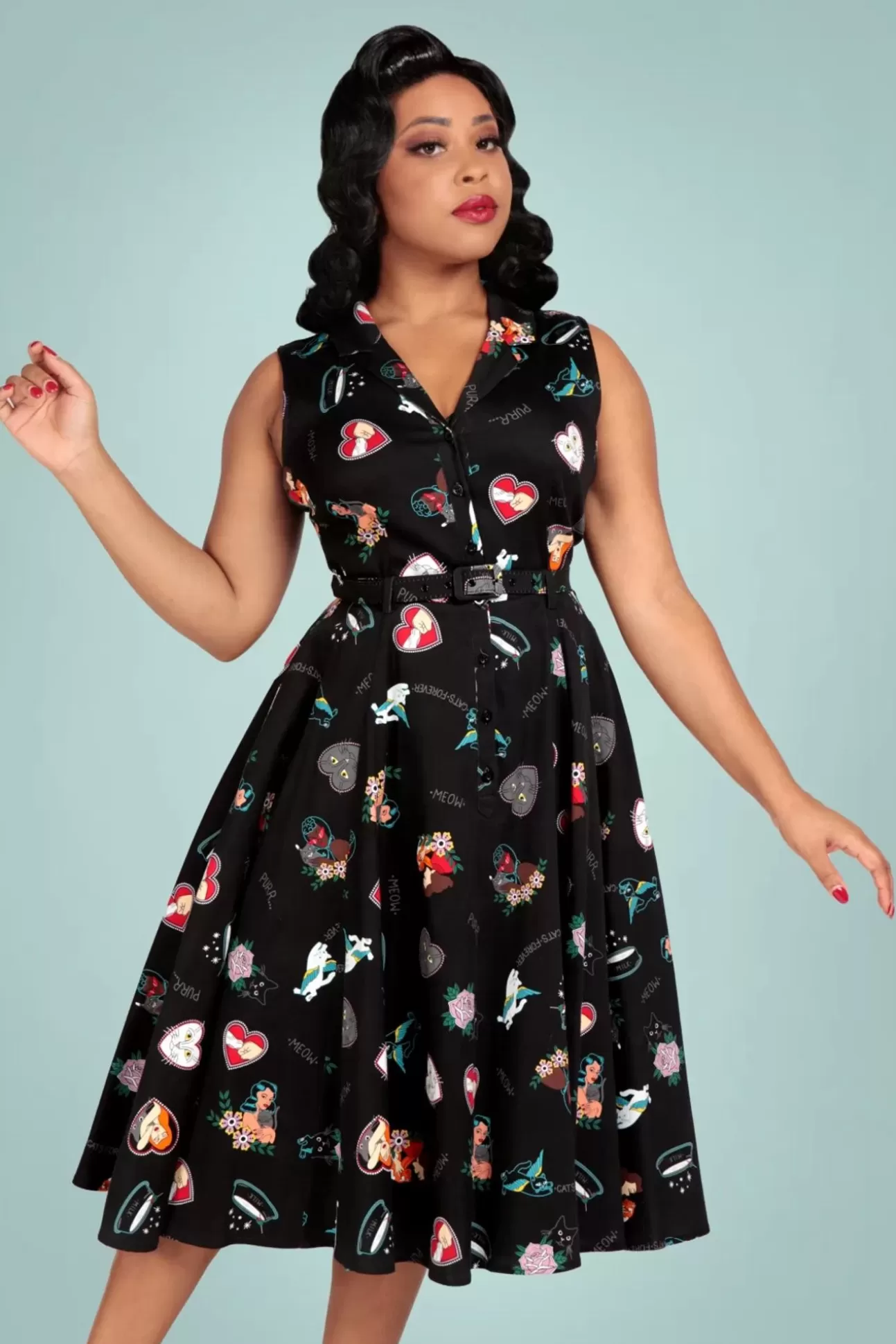 Swing Jurken | Collectif Clothing Caterina Cats Forever Mouwloze Swingjurk In Zwart