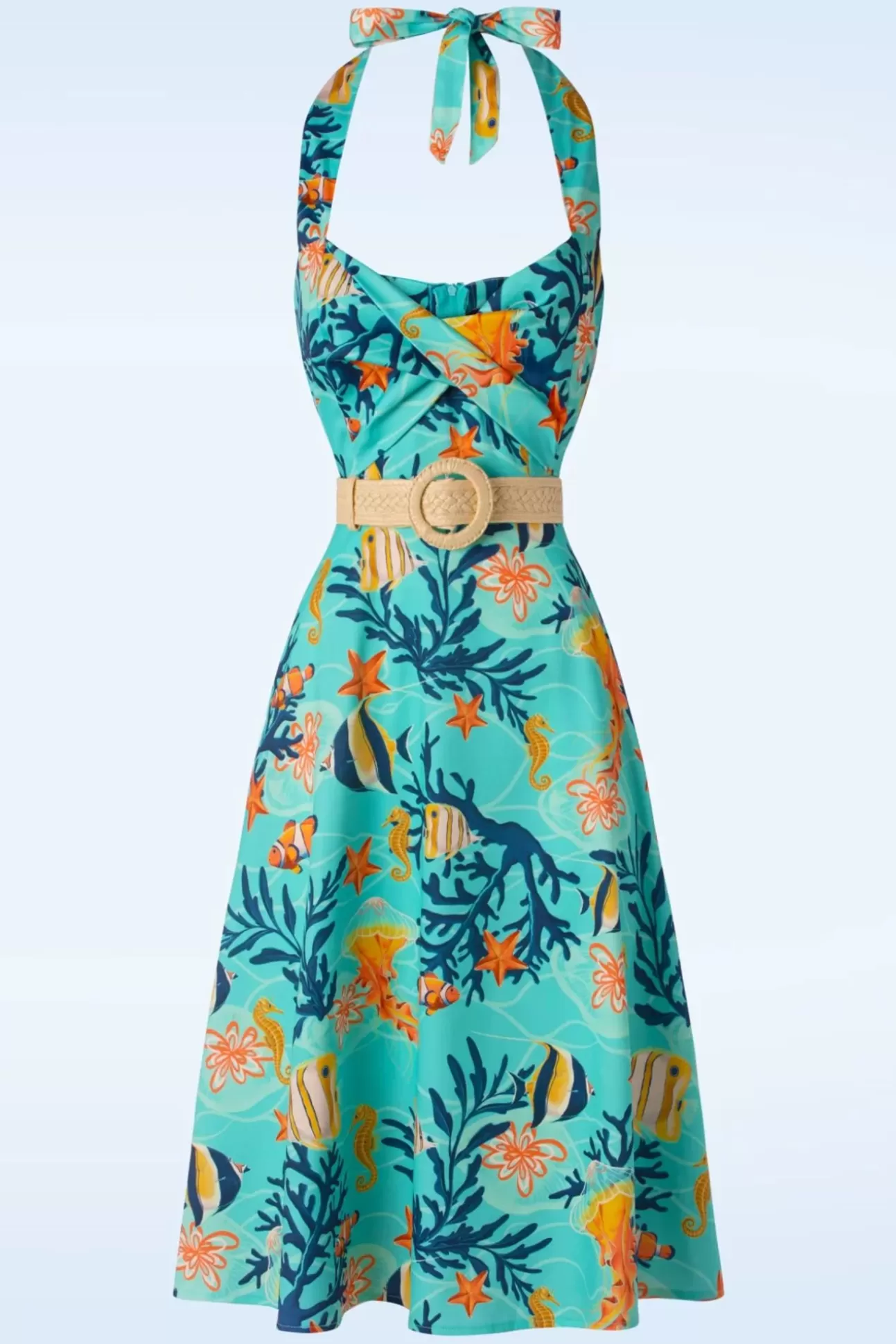 Plus Size Jurken | Vixen Coral Reef Halter Flare Jurk In Blauw