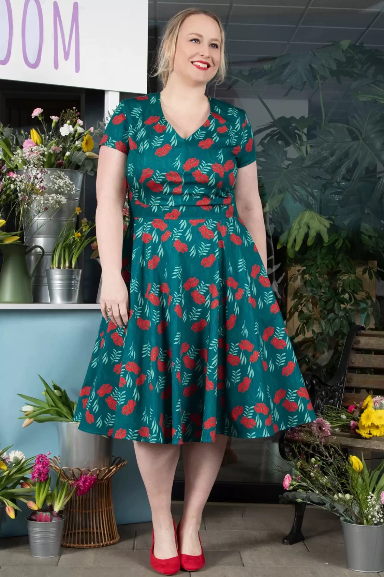 Swing Jurken | Topvintage Boutique Collection Exclusief Bij Topvintage ~ Olivia Swingjurk Met Korte Mouwen In Blauwgroen