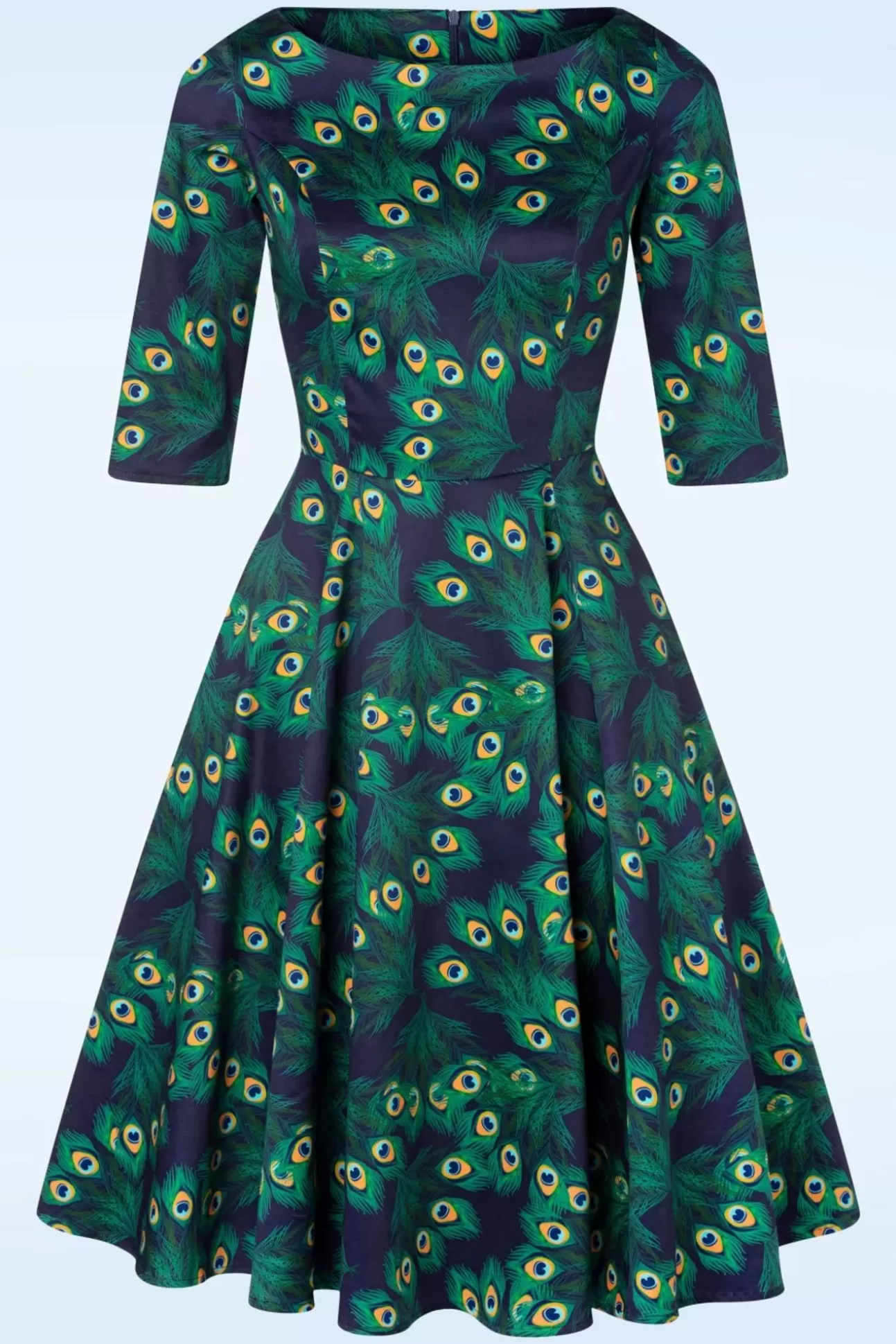 Swing Jurken | Topvintage Boutique Collection Exclusieve Bij Topvintage ~ Adriana Peacock Long Sleeve Swing Jurk In Marineblauw