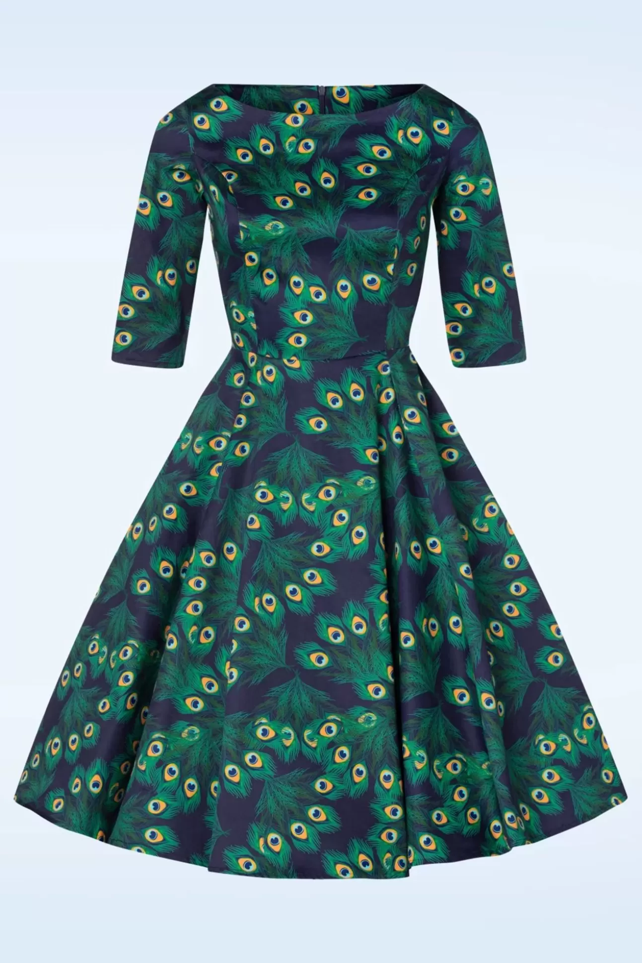 Swing Jurken | Topvintage Boutique Collection Exclusieve Bij Topvintage ~ Adriana Peacock Long Sleeve Swing Jurk In Marineblauw