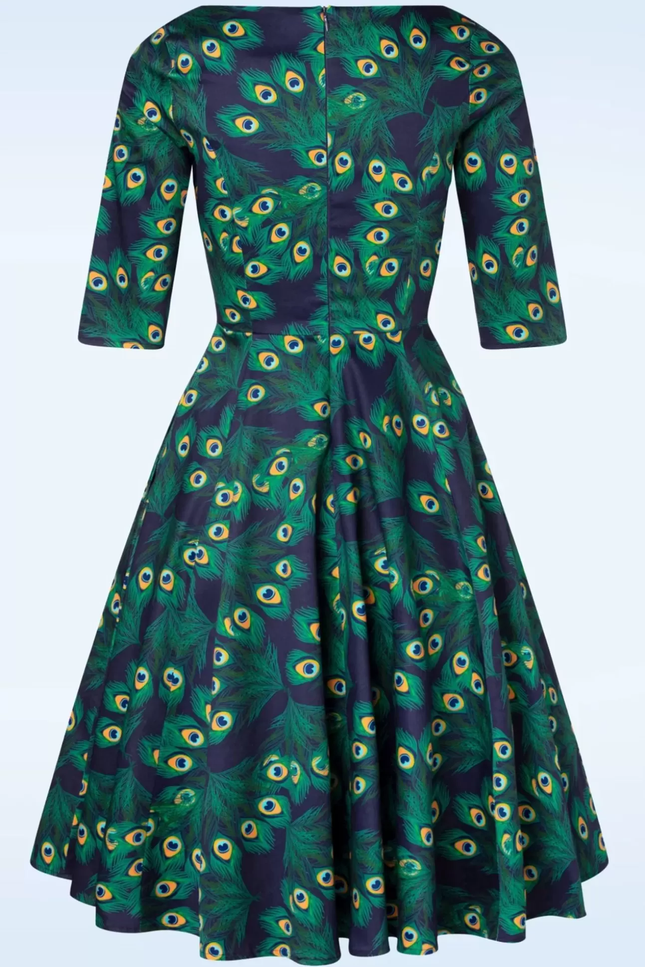 Swing Jurken | Topvintage Boutique Collection Exclusieve Bij Topvintage ~ Adriana Peacock Long Sleeve Swing Jurk In Marineblauw
