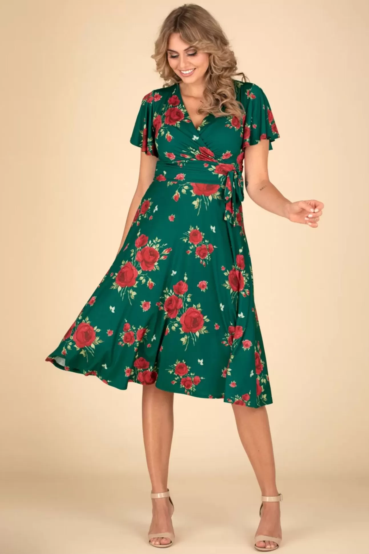 Plus Size Jurken Vintage Chic for Topvintage Irene Flower Cross Over Swing Jurk In Silky Green Vintagein Spired