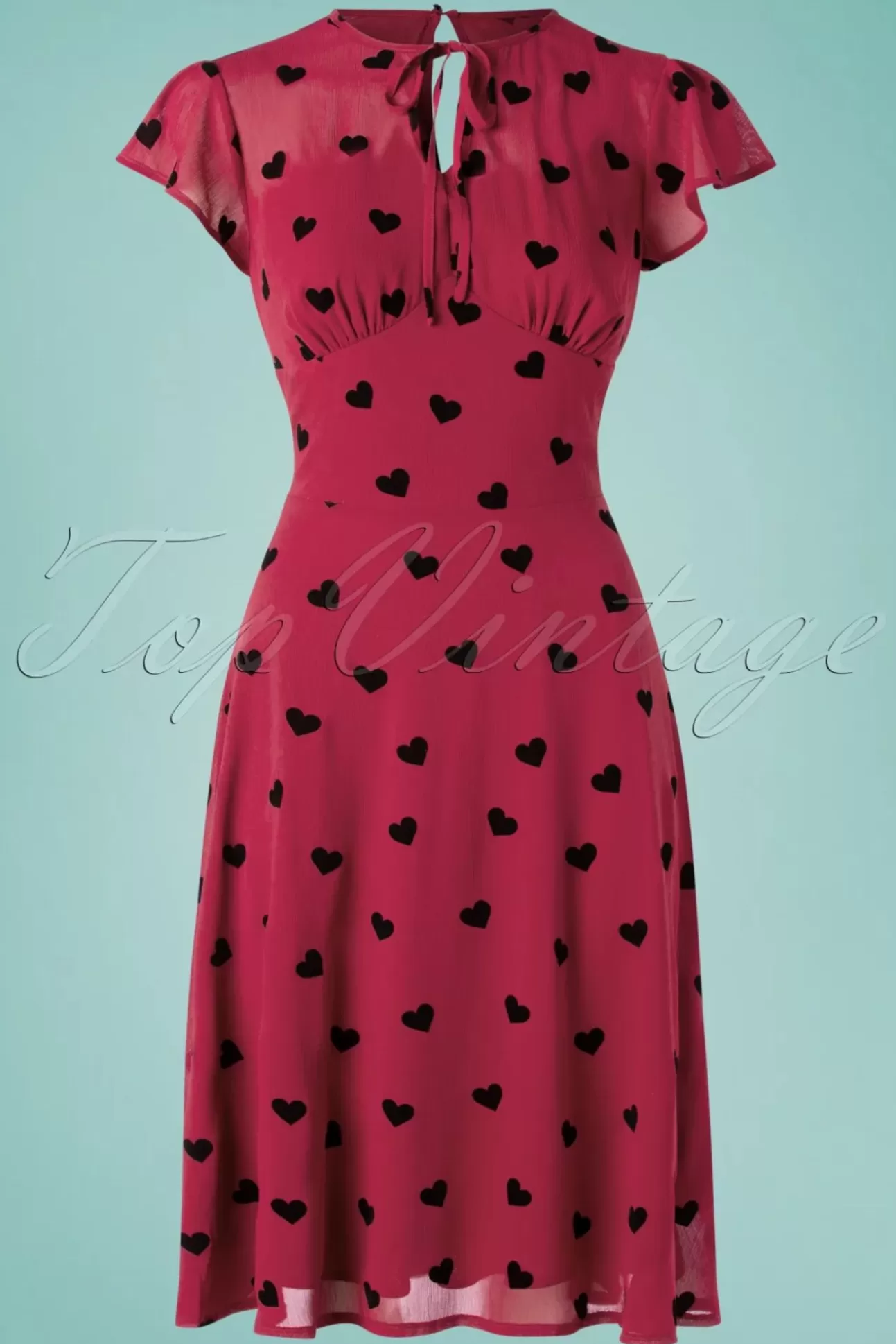 Swing Jurken | Vixen Peppa Chiffon Hearts Tea Jurk In Frambozenrood