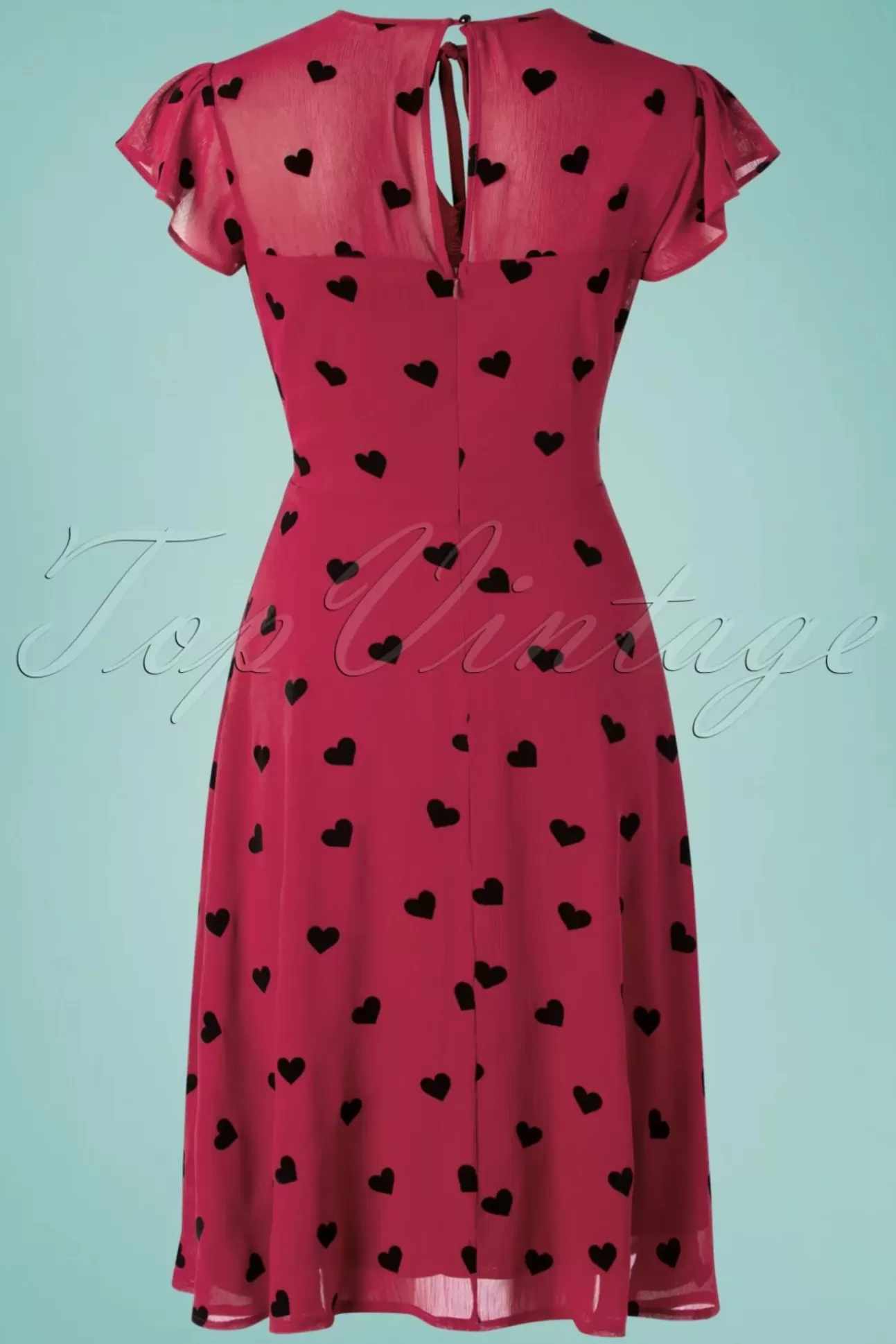 Swing Jurken | Vixen Peppa Chiffon Hearts Tea Jurk In Frambozenrood