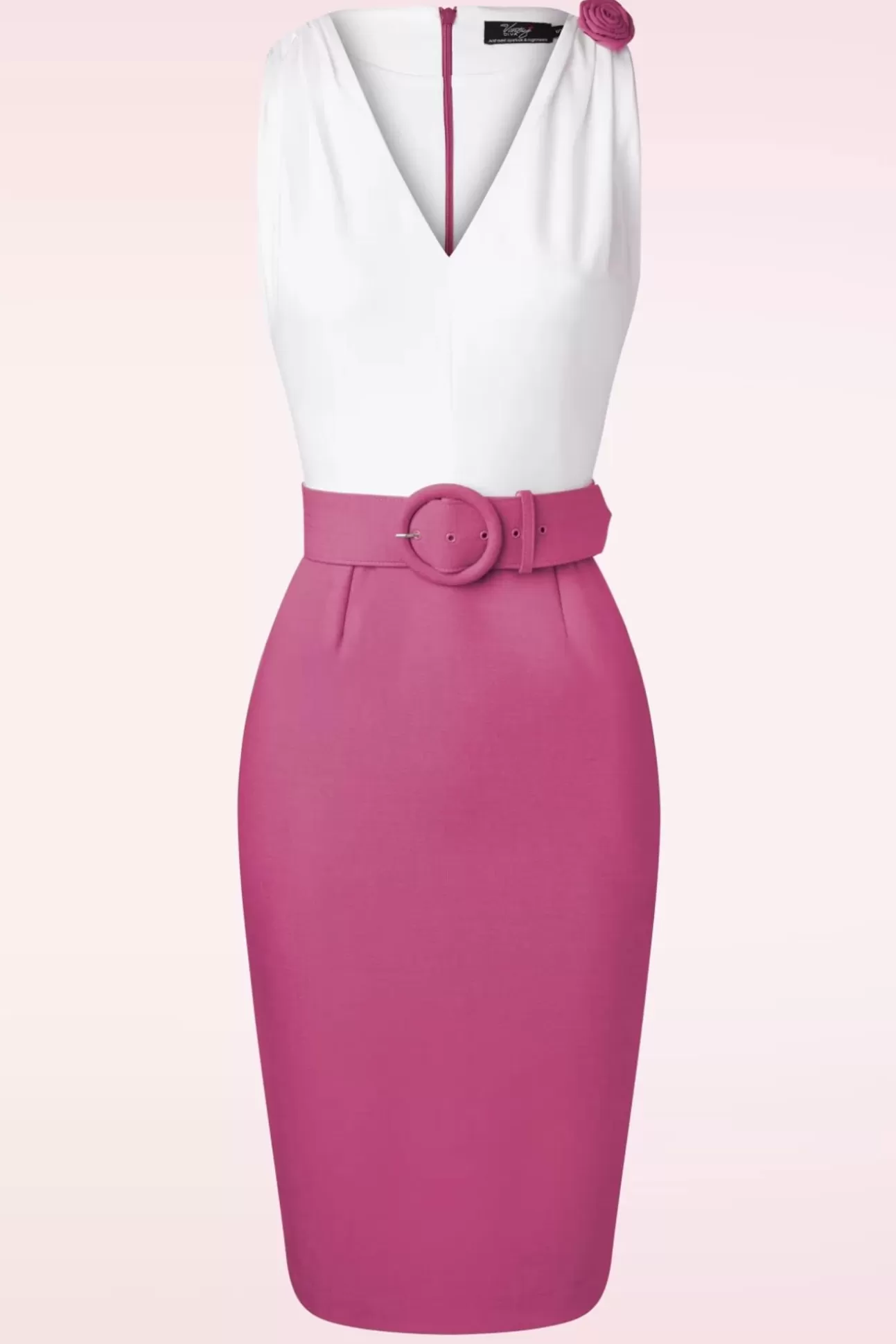 Plus Size Jurken | Vintage Diva The Kellie Pencil Jurk In Gebroken Wit En Donker Magentaroze