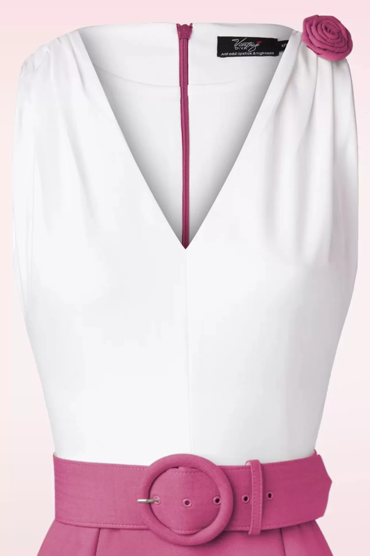 Plus Size Jurken | Vintage Diva The Kellie Pencil Jurk In Gebroken Wit En Donker Magentaroze