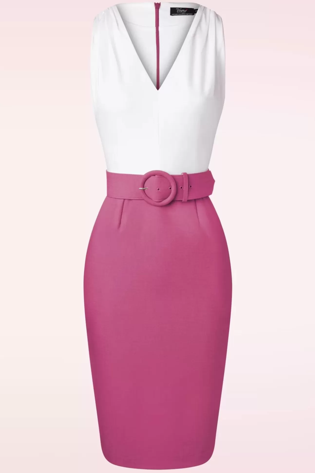 Plus Size Jurken | Vintage Diva The Kellie Pencil Jurk In Gebroken Wit En Donker Magentaroze
