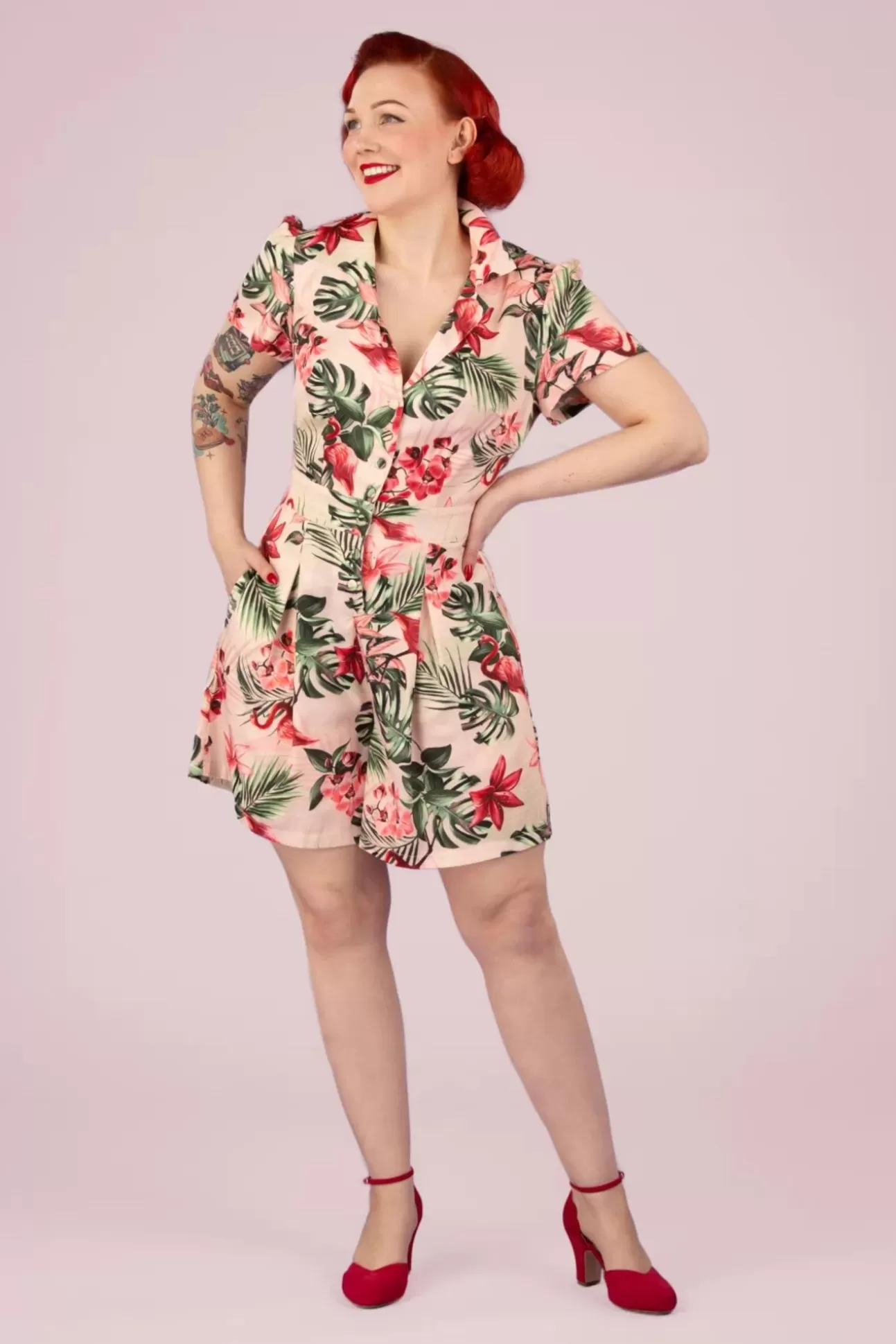 Playsuits & Jumpsuits | Vixen Tropische Flamingo Button Up Playsuit In Licht Roze