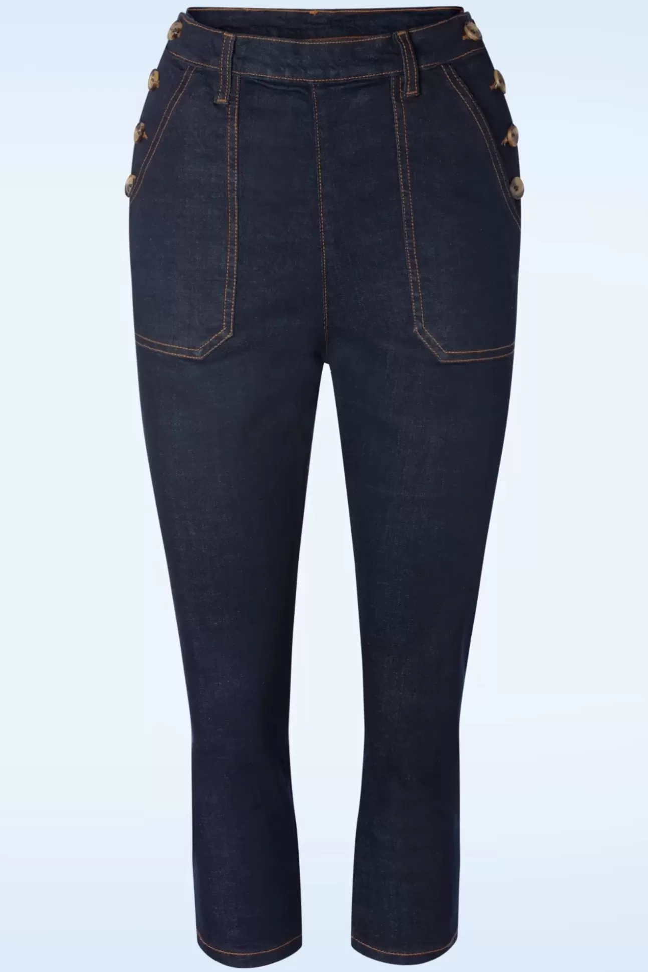 Broeken | Queen Kerosin Workwear Capri Denim In Donkerblauwe Wassing